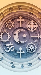 Obraz premium Religious Symbols Paper Cut Art with Diverse Faith Icons and Peaceful Doves.