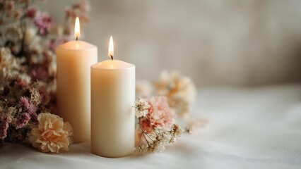 Two white pillar candles lit among pink and white flowers on a white table. Concept Candlelit floral centerpiece, Pink and white flowers, White table decor, Soft candlelight, Romantic ambiance