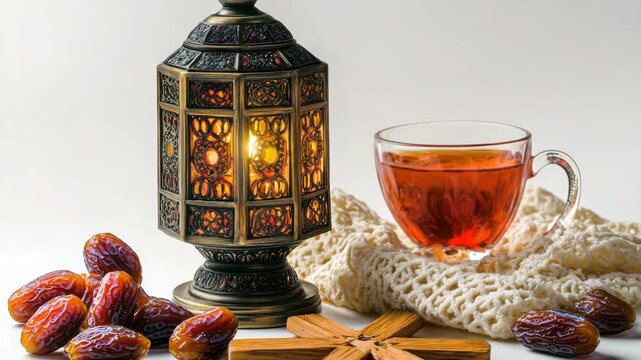 A glass of tea is on a table with a lantern and some dried fruit. The lantern is lit and the fruit is arranged in a pattern