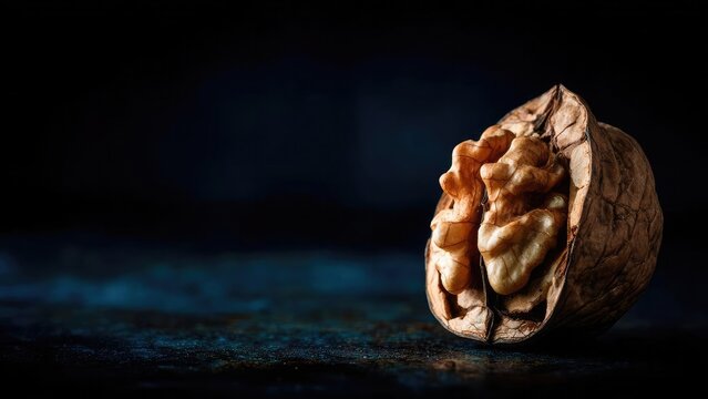 A cracked walnut in its shell with the kernels visible. Concept Macro walnut, Cracked shell, Nut kernels visible, Textured shell, Food photography