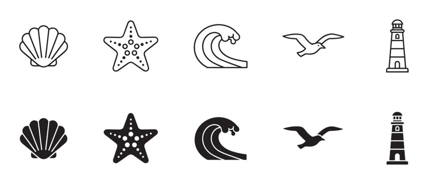 Black and white nautical icon set with a seashell, starfish, ocean wave, flying bird, and lighthouse, shown in two distinct versions as simple line art and solid filled shapes