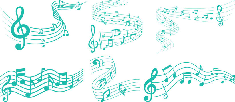 Music staff wave icon set collection with treble clef melody symbols, pixel notes, abstract sound lines, musical composition elements isolated on white background vector.