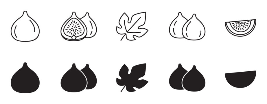 Minimalist set of black fig fruit icons presented in both outline and solid silhouette styles, including whole fruit, cross-section, slice, and leaf illustrations