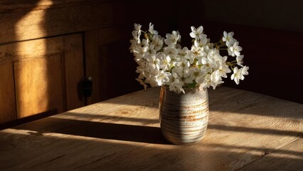 Obraz premium White blossoms in a rustic ceramic vase sit on a sunlit wooden tabletop. Concept White blossoms, rustic ceramic vase, sunlit wooden tabletop, floral still life, cozy rustic decor
