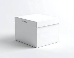 Square white cardboard box, lid closed, shadow on a white background