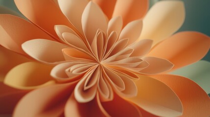 A close-up of a flower made of paper, featuring a blend of peach and cream colors.