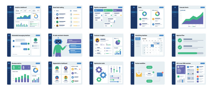 Set of modern user interface components for a business CRM platform, featuring analytics dashboards, sales pipeline management, customer insights, and AI chatbot illustrations