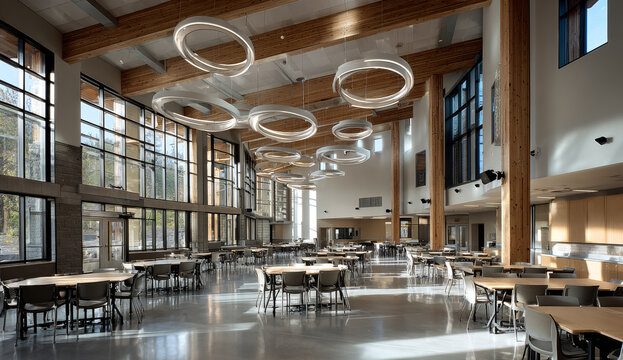 Large modern school dining hall with high ceilings, extensive glass windows, and contemporary lighting fixtures, featuring numerous wooden tables and chairs