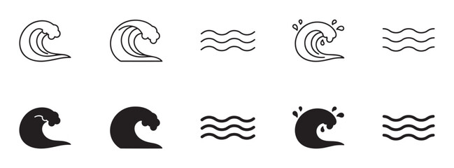 Set of black ocean wave icons showing different styles including line art and solid silhouette designs for water, sea, and surf symbols in a minimalist graphic collection