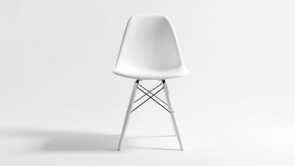 A white molded-plastic chair with slender metal legs and crisscross supports in a minimalist studio. Concept Minimalist Studio, White Plastic Chair, Slim Metal Legs, Crisscross Supports