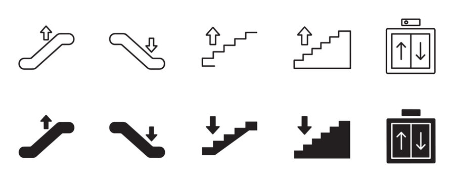 Escalator, stairs, and elevator icon set in black outline and solid fill styles, featuring up and down direction arrows for public space wayfinding and information design