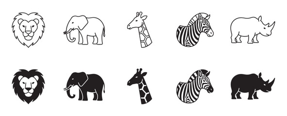 Naklejka premium Collection of safari animal icons featuring a lion, elephant, giraffe, zebra, and rhino presented in both black line art and solid silhouette styles for graphic design