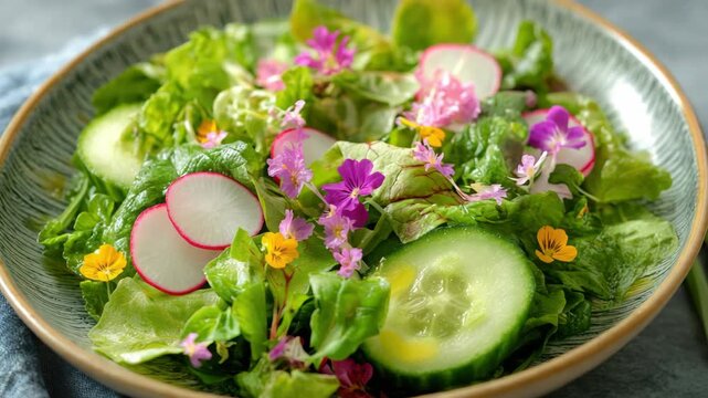 A vibrant summer salad garnished with colorful flowers on a plate.