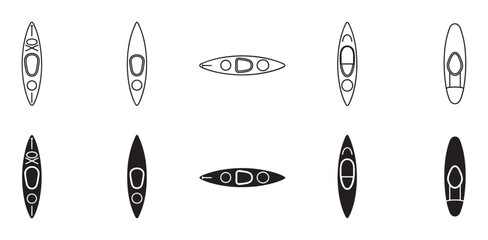 Set of various kayak icons in outline and silhouette styles shows different boat types from a top-down perspective for water sports and recreation concepts