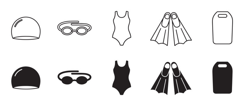 Collection of black swimming gear icons showing a swim cap, goggles, one-piece swimsuit, flippers, and a kickboard, presented in both simple line art and solid silhouette styles