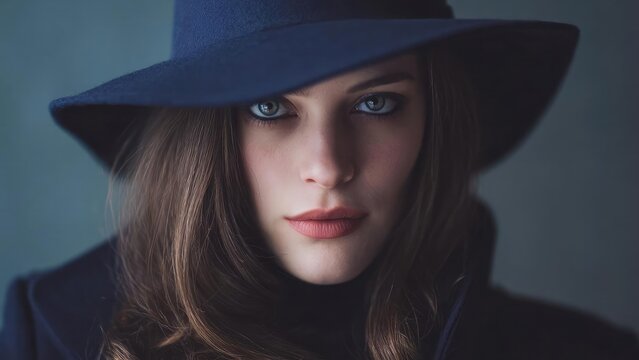 Close-up portrait of a woman with blue eyes wearing a wide-brimmed dark hat and dark clothing. Concept Close-up portrait, blue-eyed woman, wide-brimmed dark hat, dark clothing, moody lighting
