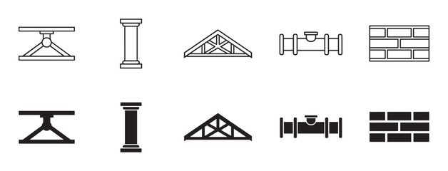 Construction and building icon set collection showing formwork, column, roof truss, pipe, and brick wall in both line art and glyph styles for architectural or engineering design