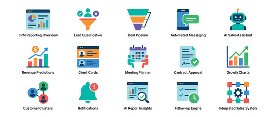 Obraz premium Collection of colorful flat business icons representing sales, marketing, and CRM concepts like lead qualification, deal pipeline, revenue predictions, and AI assistant