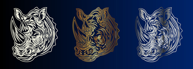 Rhino Heads Collection Metallic Sculpture Wildlife Animal Design Vector Illustration Art
