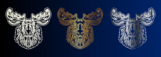 Moose Head Collection, Wildlife Art, Animal Portrait, Silver Gold Bronze Tones