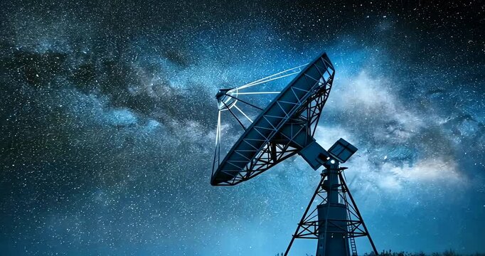 Giant Satellite Dish Observing Distant Galaxies Under a Brilliant Starry Night Sky