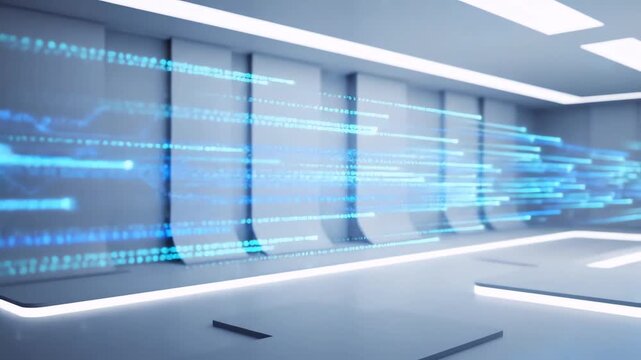 Digital Data Stream Flowing Through Cloud Computing Server Corridor