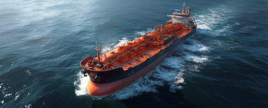 Large orange oil tanker ship sailing across deep blue ocean with visible deck equipment and wake