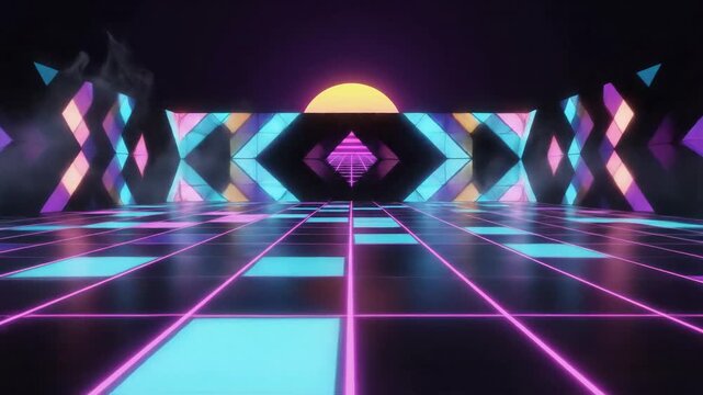 Retro Futuristic Grid Landscape with Neon Sunset and Geometric Lights