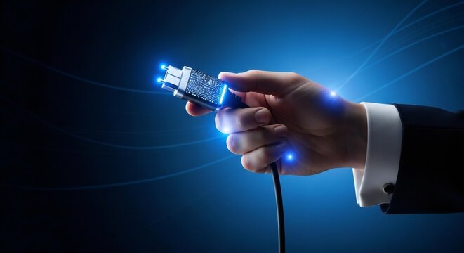 A businessman's hand holds a robust industrial-style cable connector that glows with bright blue light.