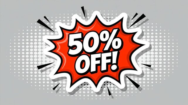 Explosive 50 Percent Off Sale Announcement Comic Book Style.