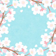 桜の花と水色背景のフレーム　春　水彩