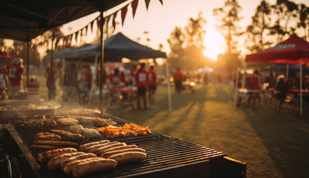 Large outdoor barbecue grill with sausages and vegetables cooking at sunset during a festive gathering