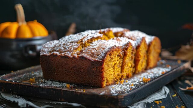A moist pumpkin bread baked to perfection and dusted with powdered sugar. Served on a rustic tray.