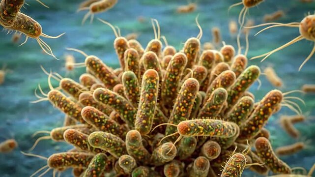 A cluster of rod-shaped bacteria with flagella is seen under a microscope, representing microbiology and infectious
