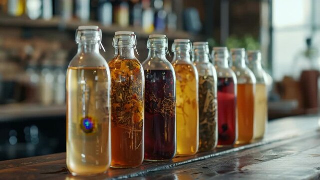 Six distinct bottles with different colored liquids lined up in front of a bar counter.