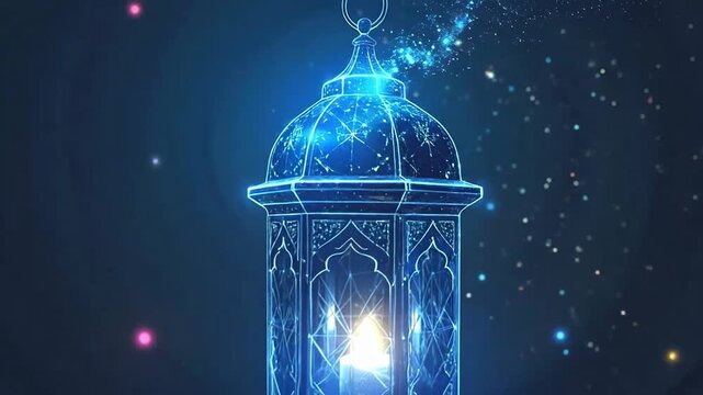 Glowing blue ornamental lantern shines brightly against a dark, starry background, creating a festive atmosphere.