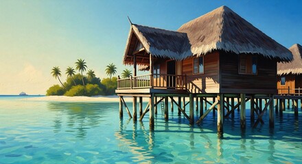 Fototapeta premium Beautiful traditional overwater bungalows with thatched roofs stand gracefully above crystal-clear turquoise waters in a vibrant tropical paradise.