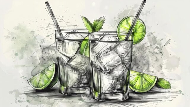 of three mixed beverages in glasses on a bar surface, garnished with lime wedges and mint leaves. Ideal for summer beverage menus or cocktail-themed graphics.
