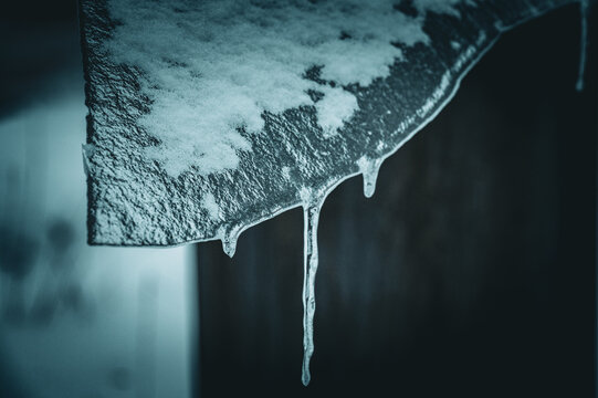 Close-up of icicles hanging from a snow-covered surface. Cool, frosty winter scene, hike through the snow-covered moor between Aschen, Diepholz and Lohne, Lower Saxony, Germany.