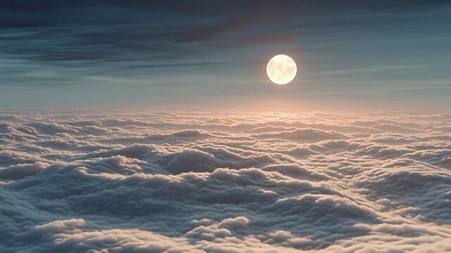 A serene sunrise above a vast layer of white clouds viewed from a distant aerial perspective on a calm morning atmosphere
