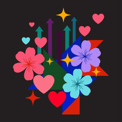 Colorful hearts flowers and arrows on black background