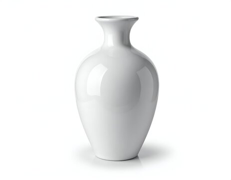 A glossy, white ceramic vase, centrally framed against a white backdrop