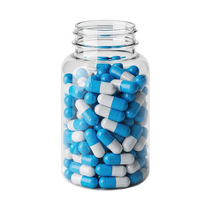 Clear Plastic Bottle Filled with Blue and White Pharmaceutical Capsules on White Background.