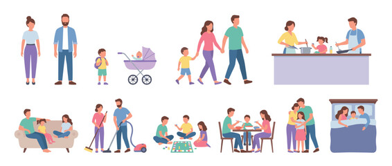 Fototapeta premium Large set of family character illustrations showing daily life routines like cooking, cleaning, playing, walking, and sleeping together in a flat, colorful vector style