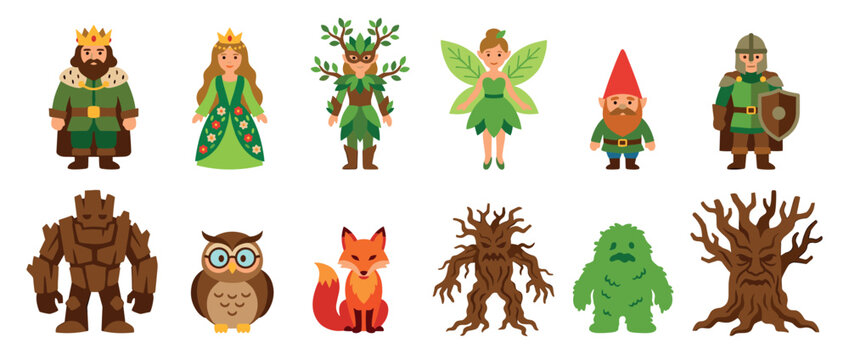 Collection of fantasy forest characters and creatures including a king, queen, fairy, gnome, knight, golem, ent, and animals in a cute cartoon vector illustration style