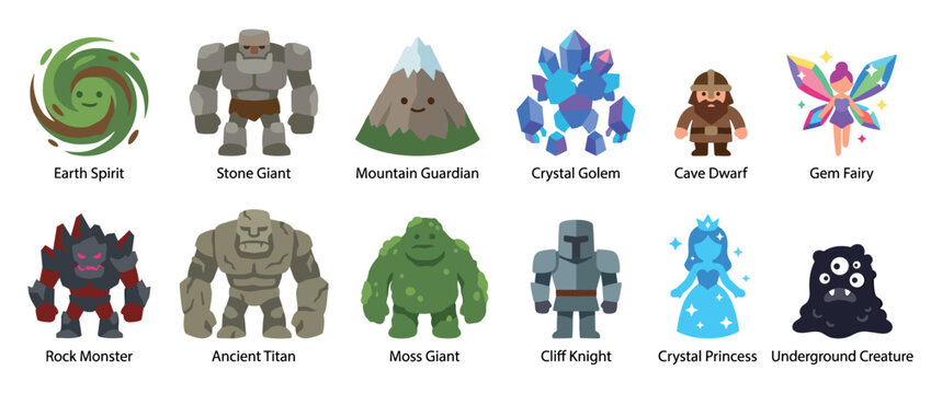Collection of fantasy video game character icons featuring a stone giant, crystal golem, dwarf, fairy, and knight, illustrated in a cute and simple flat vector art style