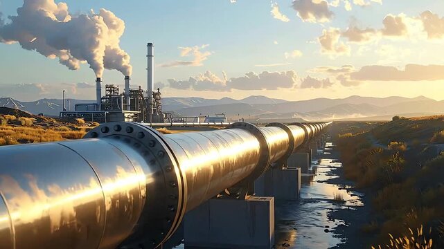 A long l pipeline stretches across the landscape, leading to an industrial plant with smoking chimneys.