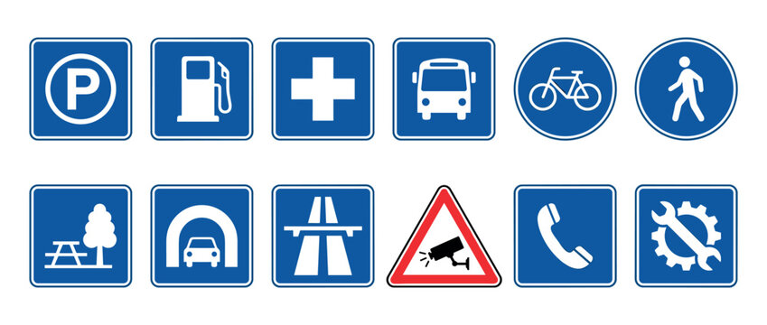 Collection of various European road signs providing information and warnings, including symbols for parking, fuel, hospital, motorway, tunnel, and surveillance in a flat vector illustration style