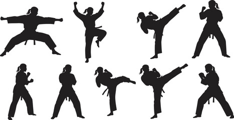 Martial arts silhouette poses, black and white vector, karate kick stance, traditional uniform illustration, combat training movement, discipline and strength artwork © Shuvo's World