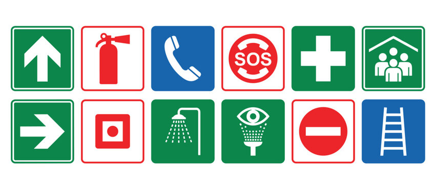 Collection of various safety signs and pictograms for emergency situations, showing fire extinguisher, first aid, exit, SOS, and eyewash symbols in a flat graphic style